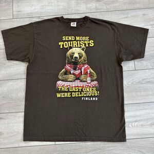 Vintage Brown 90s Finland Bear Tourist Graphic T-Shirt Funny Brown Tees, Size L
